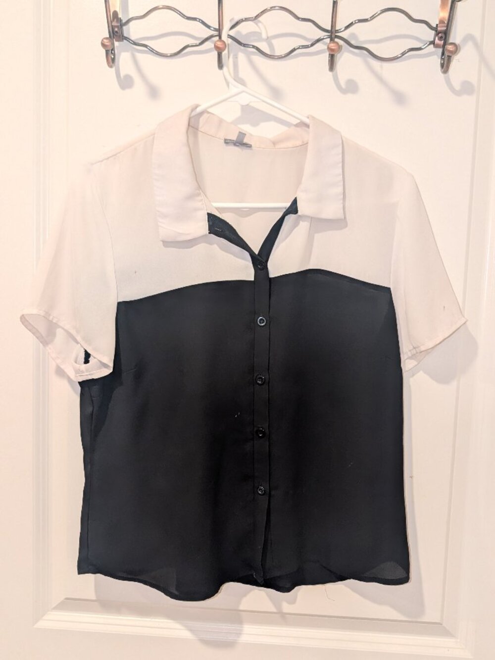 Black and White Chiffon Short Sleeve Button Up Blouse Two Toned